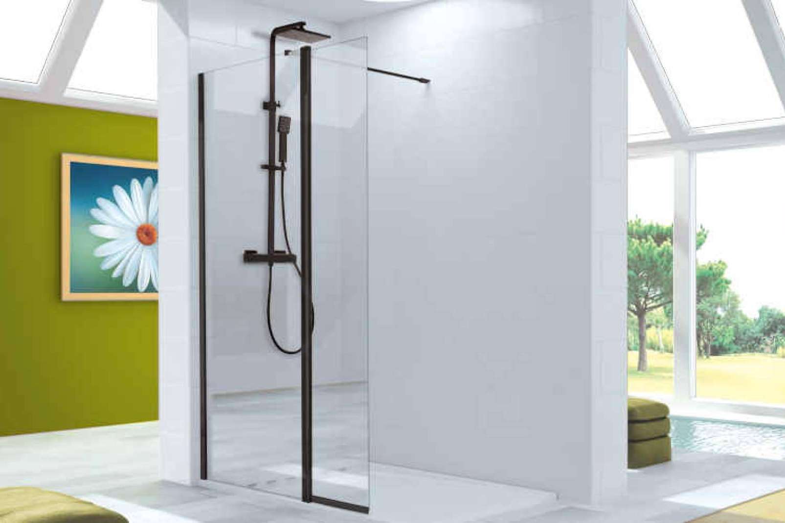 Mamparas de baño con perfil negro y oro cepillado, disponibles en Mamparas Blau